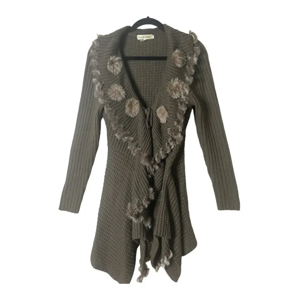 Moon River Ribbed Knit Ruffle Olive Green Faux Fur Tie Front Cardigan Medium